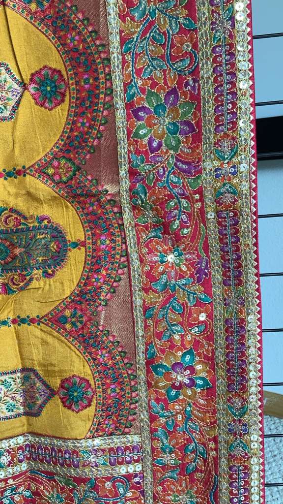 Mustard Chinon Silk Saree with Fully Stitched Heavy Embroidered Blouse 