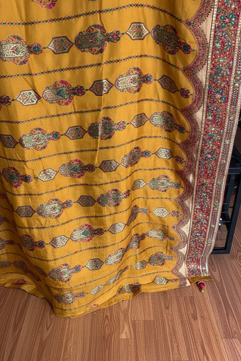 Mustard Chinon Silk Saree with Fully Stitched Heavy Embroidered Blouse Ajmera