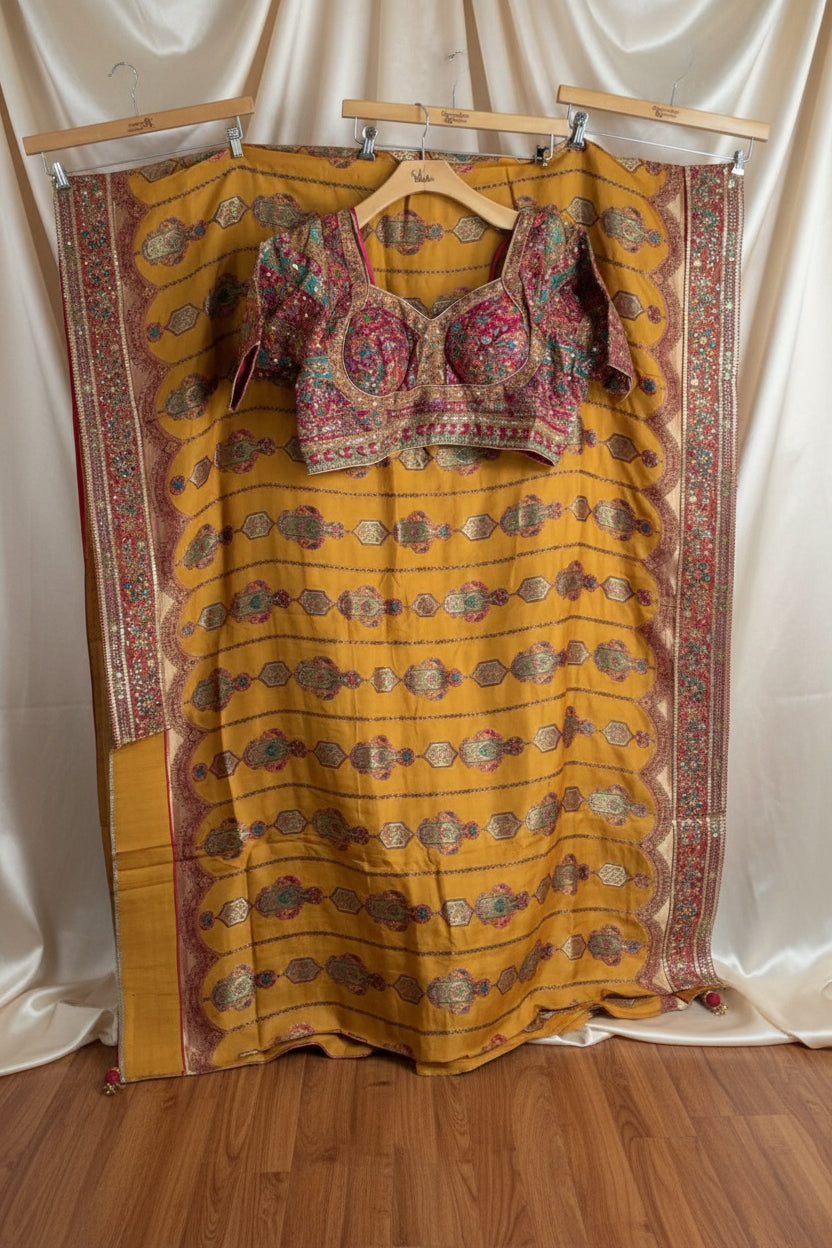 Mustard Chinon Silk Saree with Fully Stitched Heavy Embroidered Blouse 