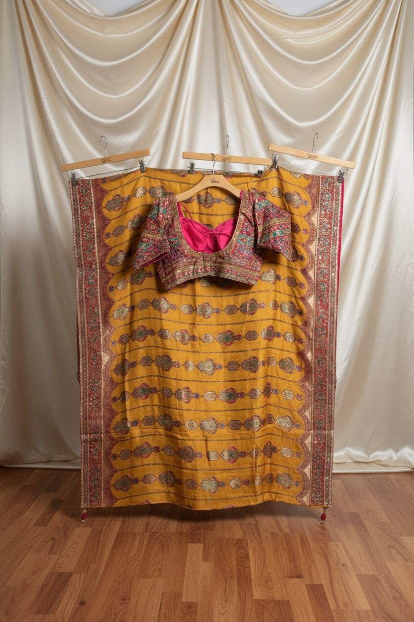 Mustard Chinon Silk Saree with Fully Stitched Heavy Embroidered Blouse 