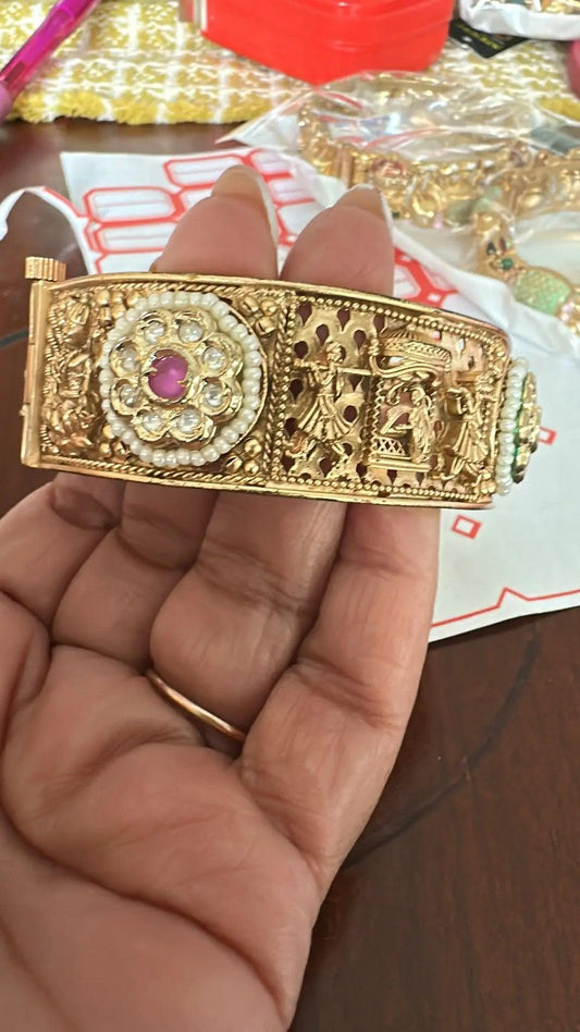 Lakshmi Temple Kada Bangle Set of 2 | Ruby Pearl Gold Polish | Indian Bridal Openable Bangle Nikhar Jewelry