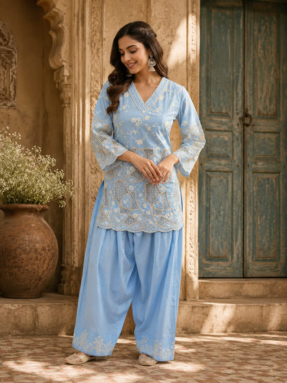 Baby Blue Chikankari Schiffli Coord Set - Kurti and Farshi Salwar Raghvi Enterprise