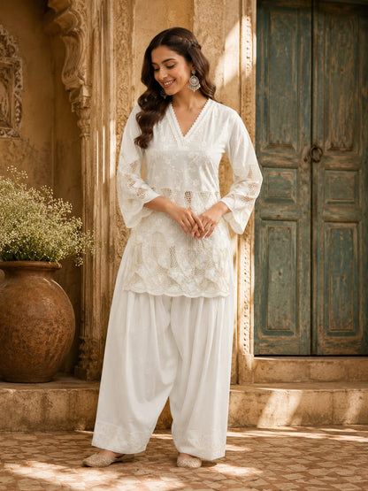 White Chikankari Schiffli Coord Set - Kurti and Farshi Salwar Maha Collection