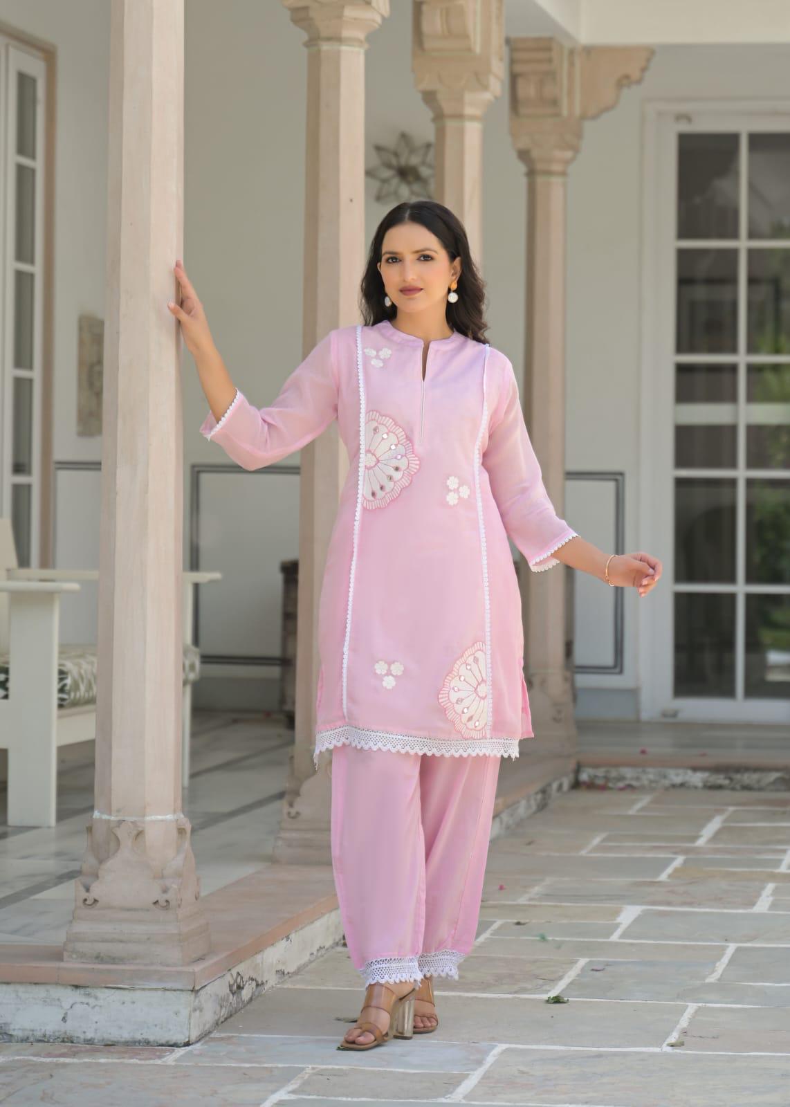 Baby Pink Mul Cotton Coord Set - Embroidered Kurti and Straight Pants Raghvi Enterprise