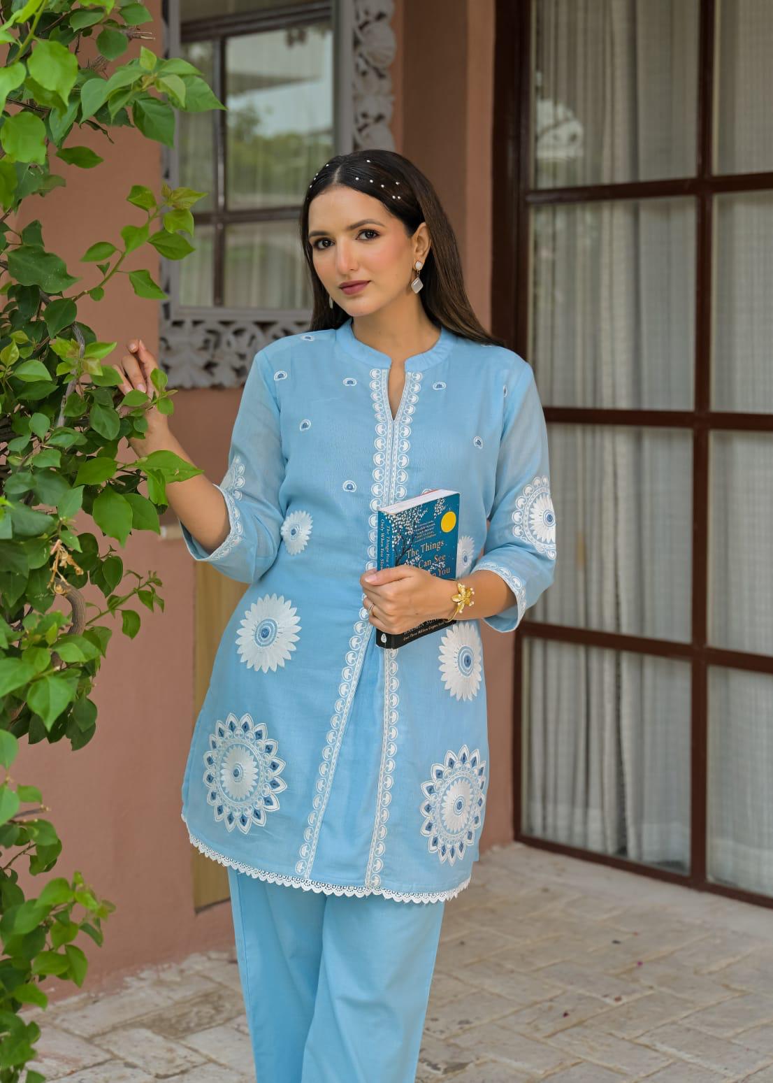 Steel Blue Mul Cotton Coord Set - Chikankari Embroidered Kurti and Straight Pants Raghvi Enterprise
