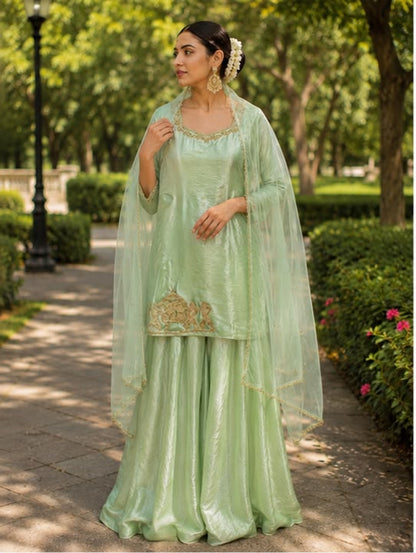 Luxury Skirt Suit Set – Fendy Silk with Hand Embroidery & Net Dupatta Maha Collection