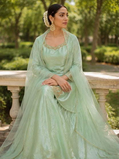 Luxury Skirt Suit Set – Fendy Silk with Hand Embroidery & Net Dupatta Maha Collection