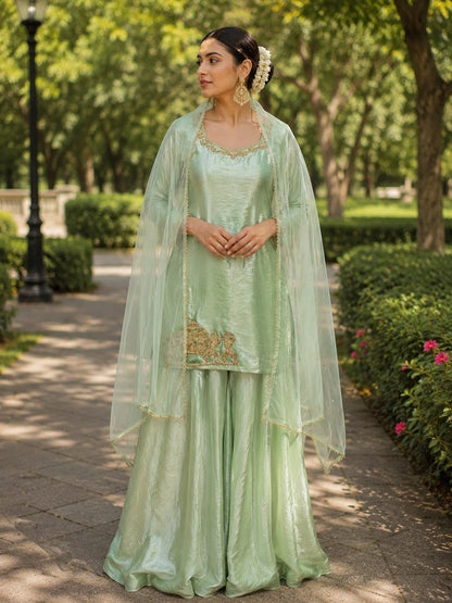 Luxury Skirt Suit Set – Fendy Silk with Hand Embroidery & Net Dupatta Maha Collection