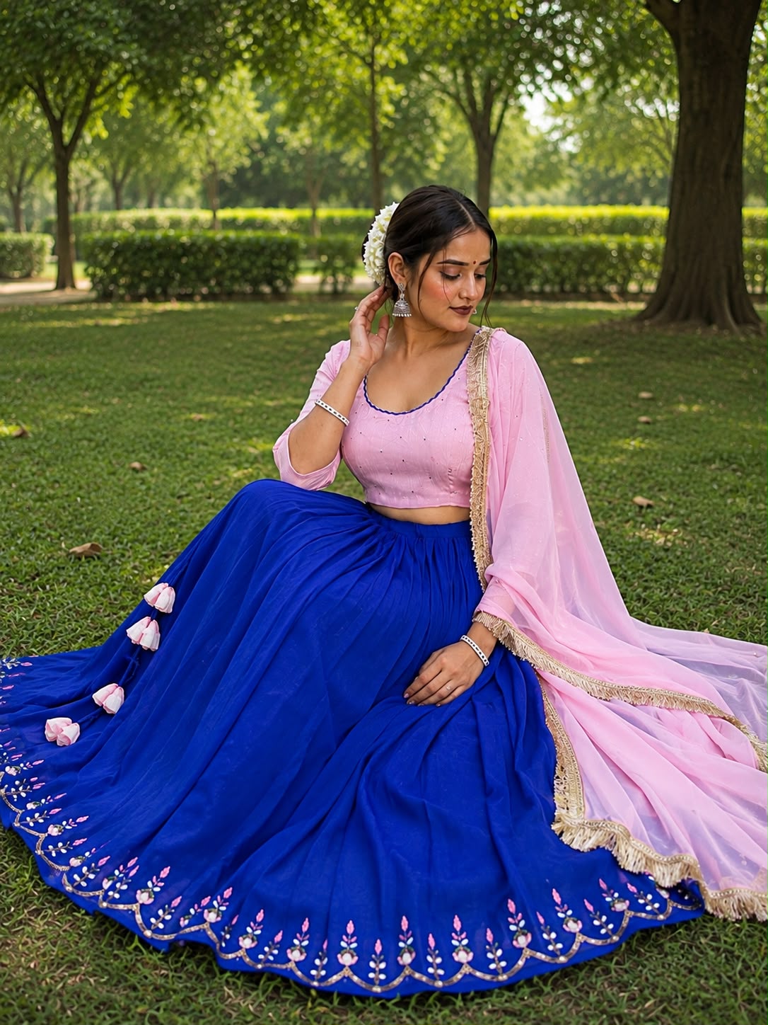 Luxury Blue Georgette Lehenga Set – 6-Meter Flare with Pink Chinon Blouse & Dupatta Maha Collection