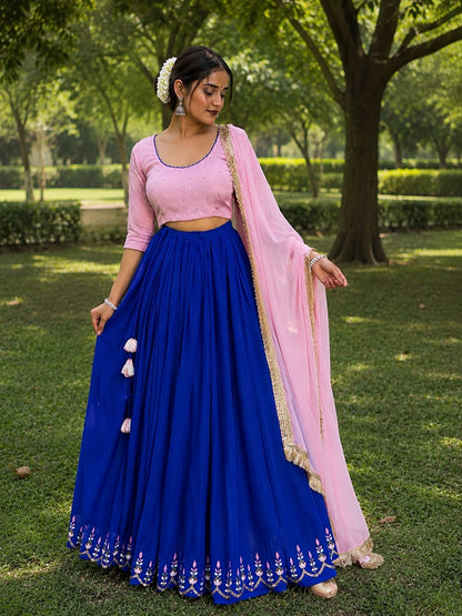 Luxury Blue Georgette Lehenga Set – 6-Meter Flare with Pink Chinon Blouse & Dupatta Maha Collection