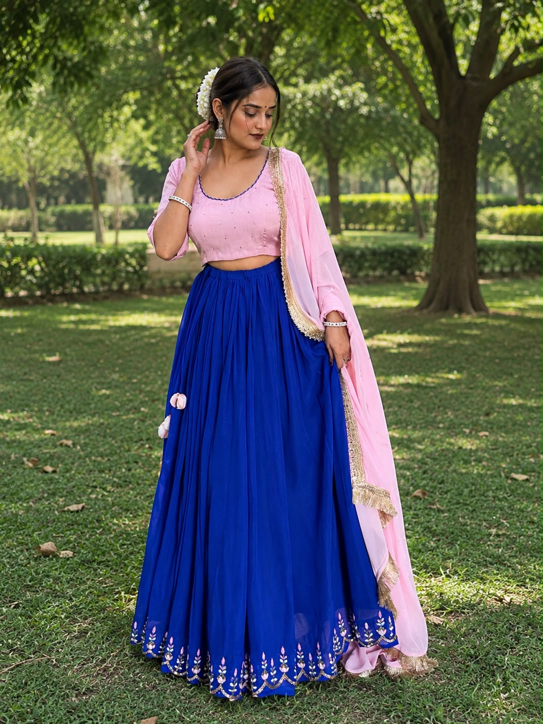 Luxury Blue Georgette Lehenga Set – 6-Meter Flare with Pink Chinon Blouse & Dupatta Maha Collection