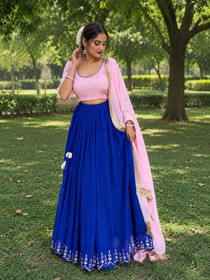Luxury Blue Georgette Lehenga Set – 6-Meter Flare with Pink Chinon Blouse & Dupatta Maha Collection