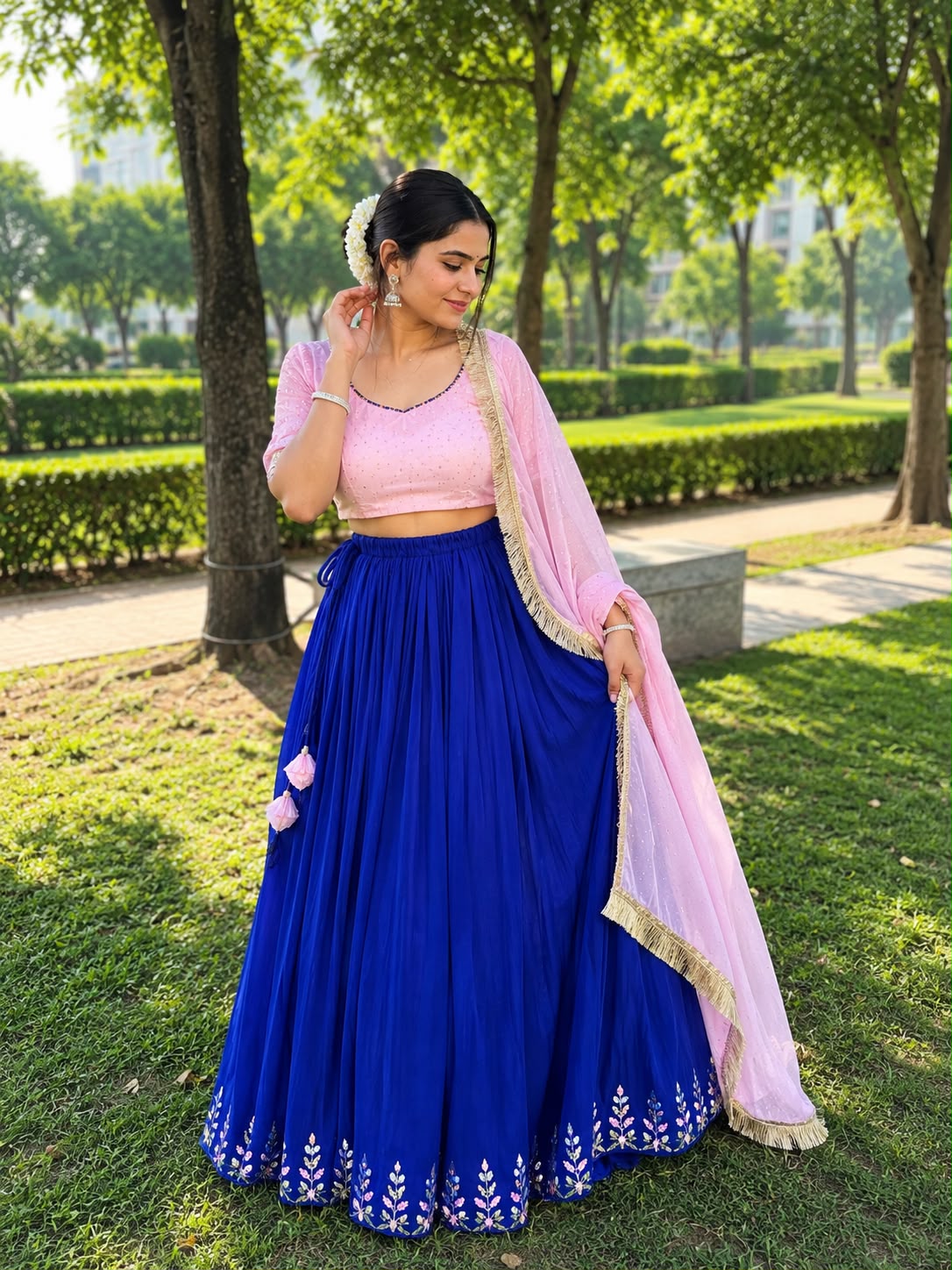 Luxury Blue Georgette Lehenga Set – 6-Meter Flare with Pink Chinon Blouse & Dupatta Maha Collection