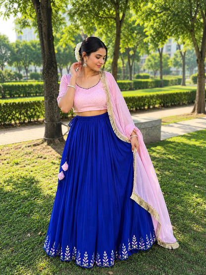 Luxury Blue Georgette Lehenga Set – 6-Meter Flare with Pink Chinon Blouse & Dupatta Maha Collection