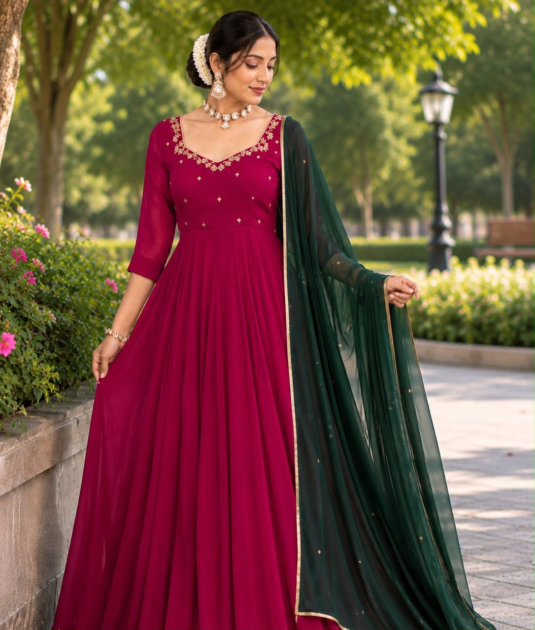 Luxury Red Georgette Anarkali Set – Zari Dabka Elephant Motif & Dark Green Dupatta Maha Collection