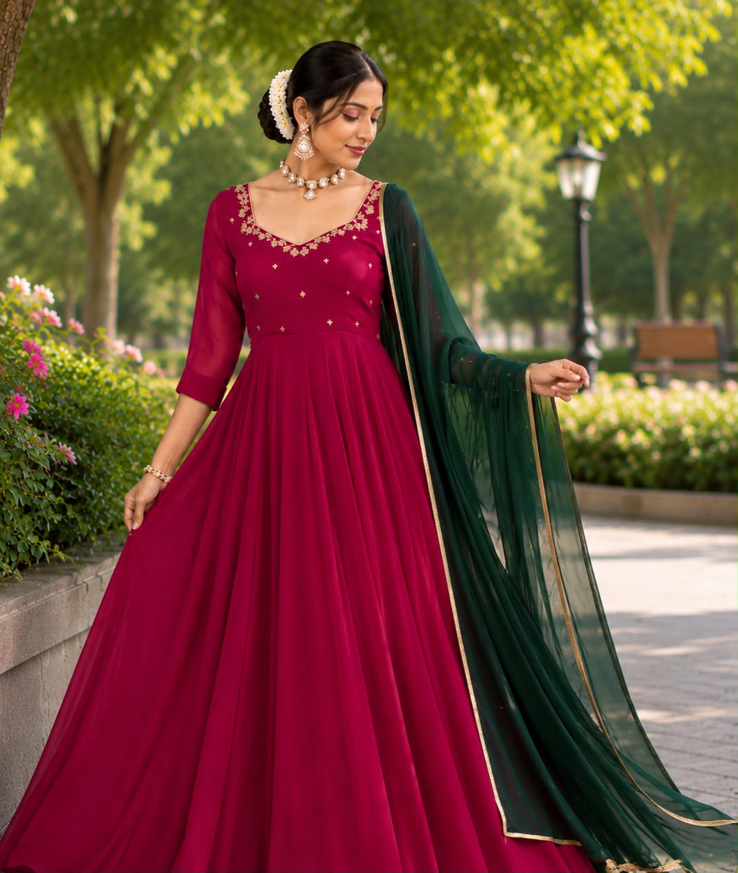 Luxury Red Georgette Anarkali Set – Zari Dabka Elephant Motif & Dark Green Dupatta Maha Collection