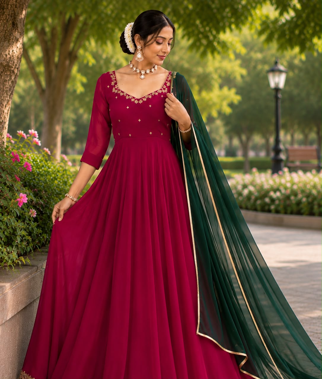 Luxury Red Georgette Anarkali Set – Zari Dabka Elephant Motif & Dark Green Dupatta Maha Collection