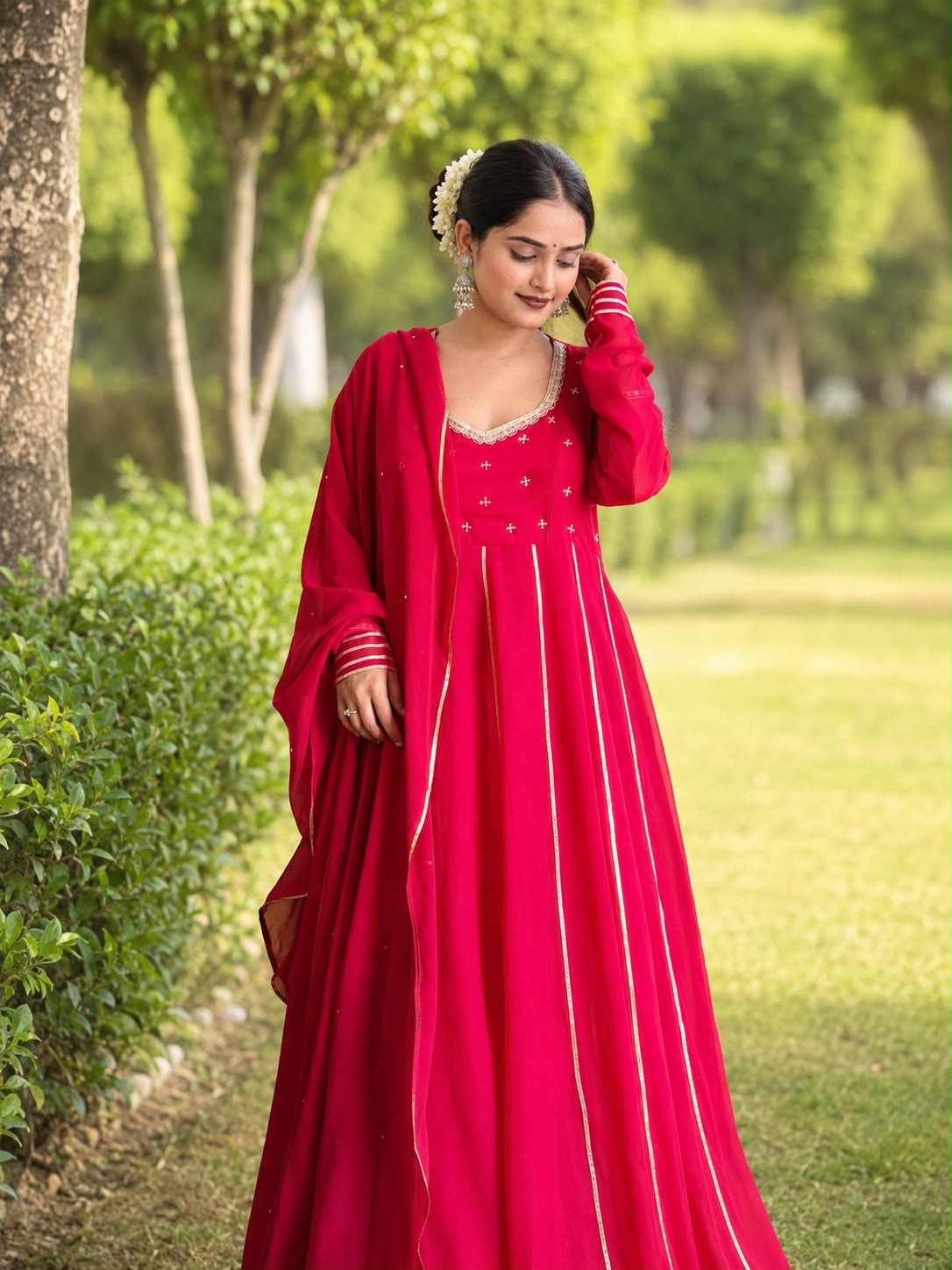 Luxury Red Georgette Anarkali Set – Gota Work, Hand Embroidered Koti & Pink Dupatta Maha Collection