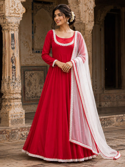 Red Anarkali is crafted in premium Crepe fabric Maha Collection