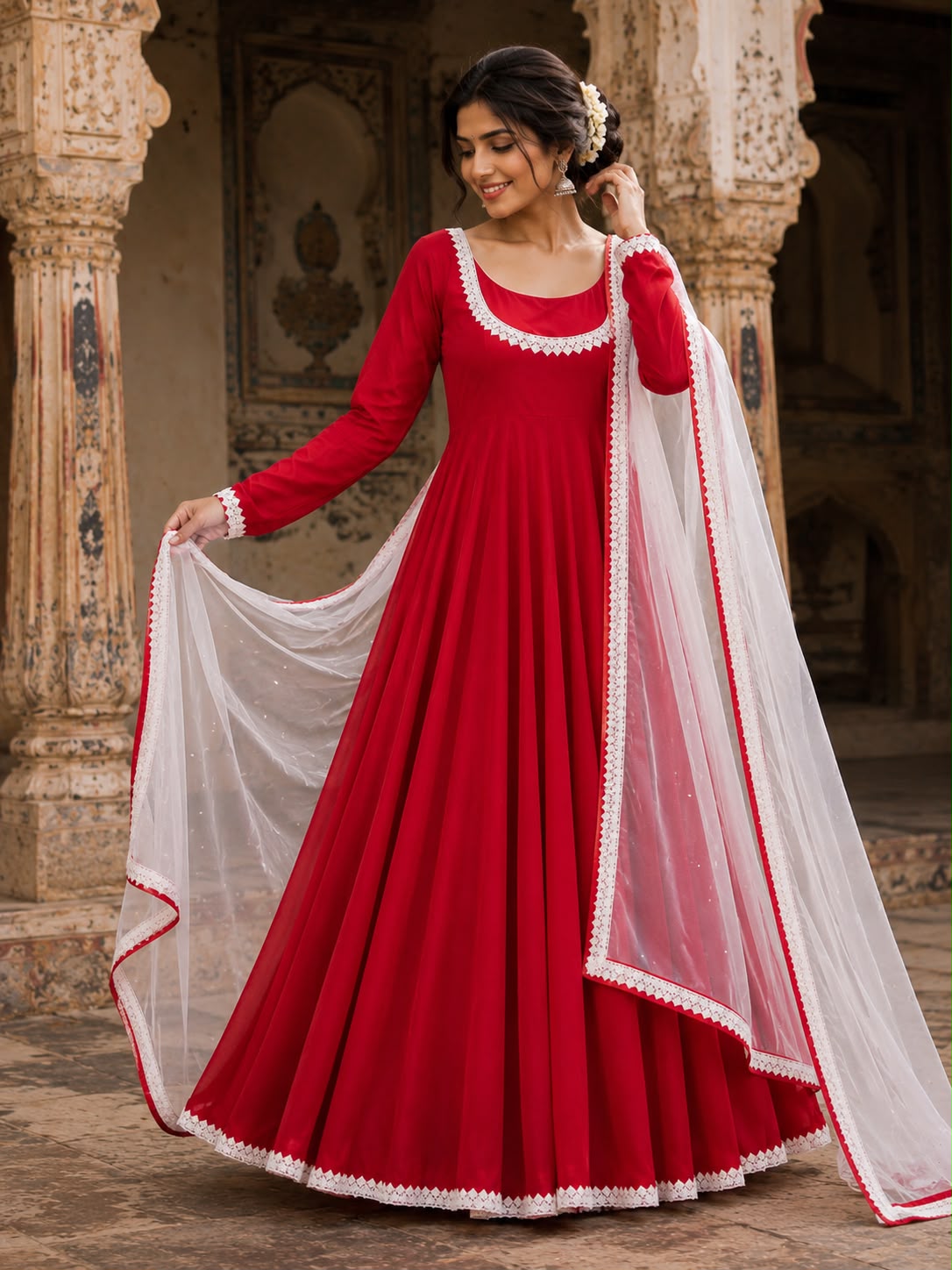 Red Anarkali is crafted in premium Crepe fabric Maha Collection