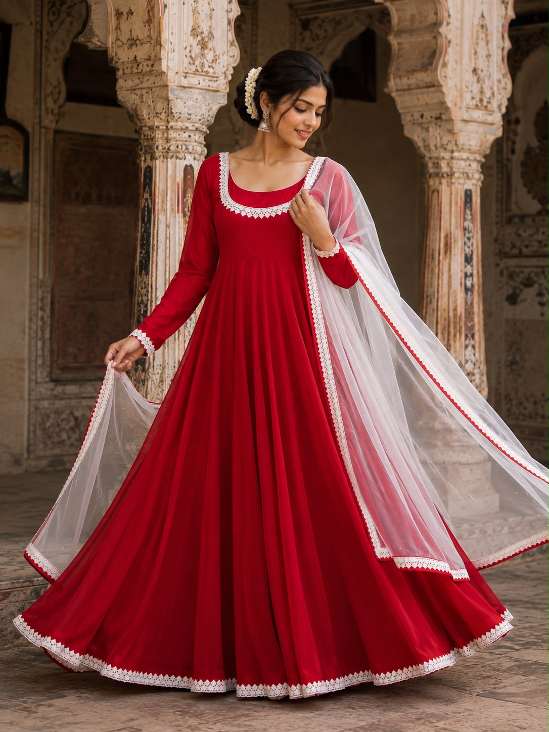 Red Anarkali is crafted in premium Crepe fabric Maha Collection