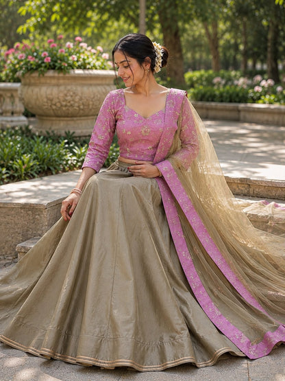 Luxury Pista Green Chinon Lehenga Set – Can-Can Flare with Pink Embroidered Blouse & Net Dupatta Maha Collection