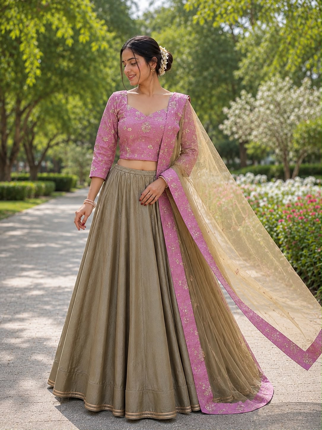 Luxury Pista Green Chinon Lehenga Set – Can-Can Flare with Pink Embroidered Blouse & Net Dupatta Maha Collection