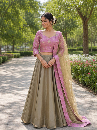 Luxury Pista Green Chinon Lehenga Set – Can-Can Flare with Pink Embroidered Blouse & Net Dupatta Maha Collection