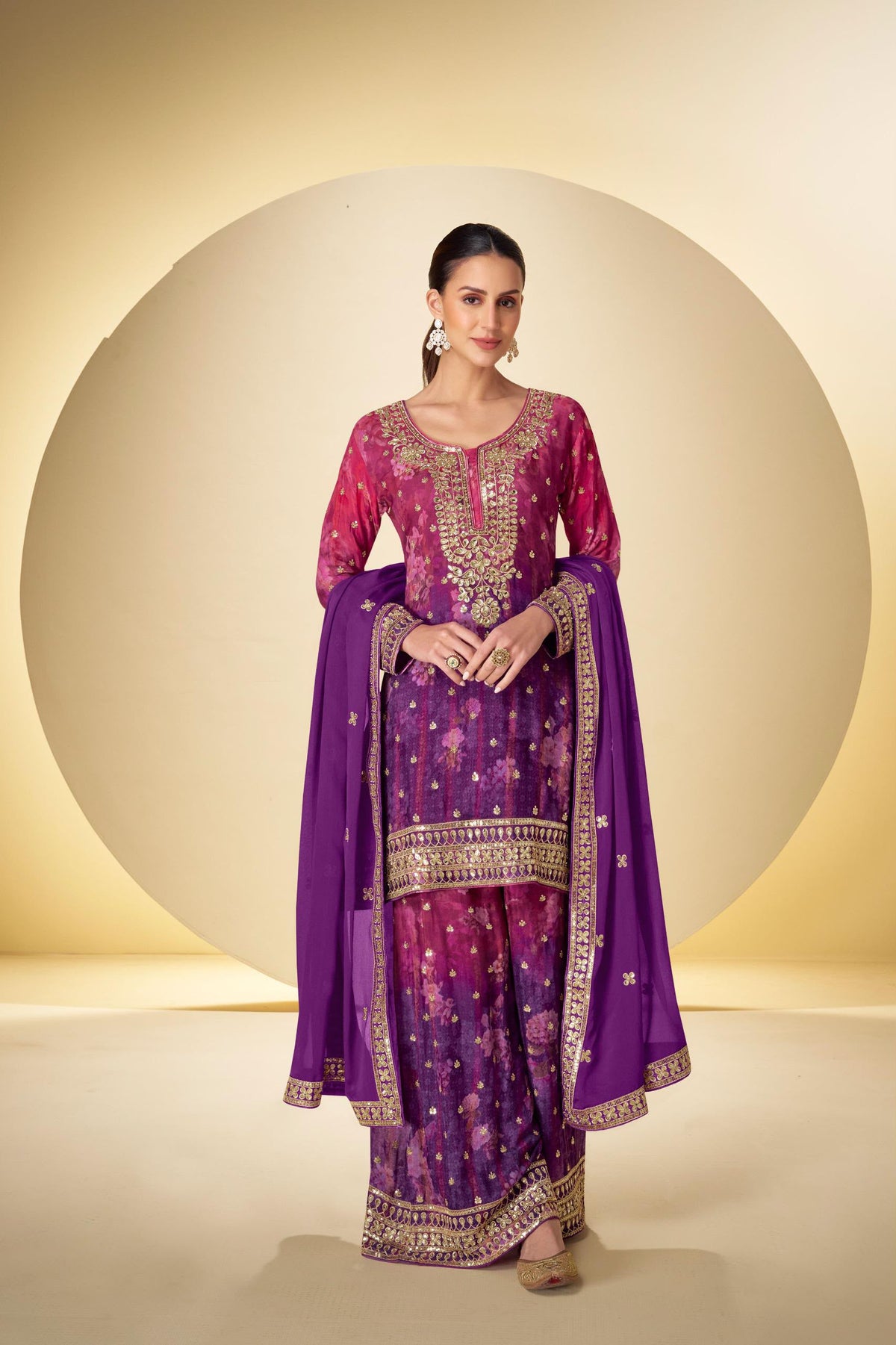 Chinon Floral Palazzo Suit with Dupatta | Size 44 Deepika's Adornments