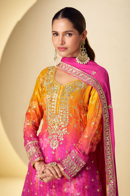 Chinon Floral Palazzo Suit with Dupatta | Size 44 Deepika's Adornments