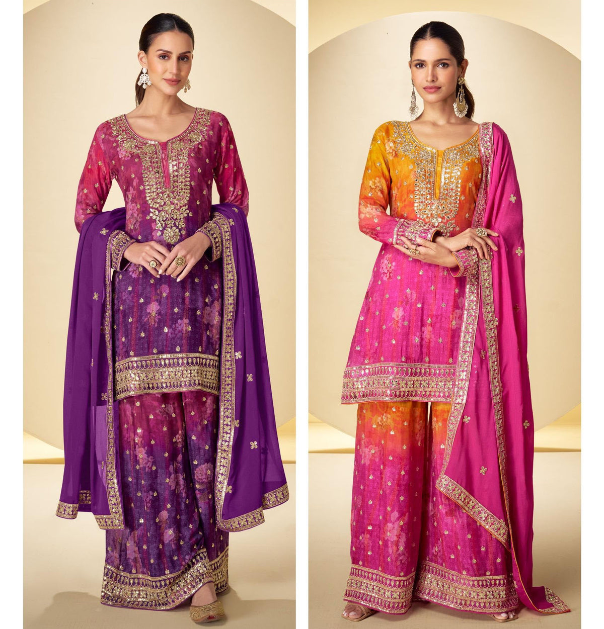 Chinon Floral Palazzo Suit with Dupatta | Size 44 Deepika's Adornments