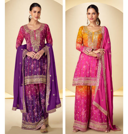 Chinon Floral Palazzo Suit with Dupatta | Size 44 Deepika's Adornments