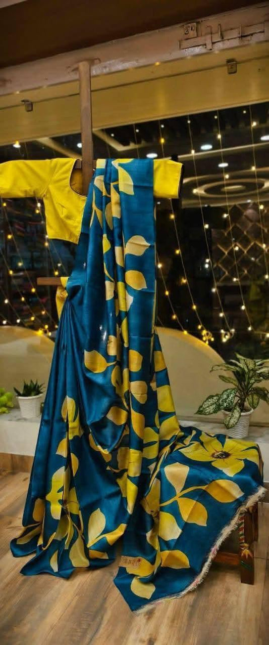 Tussar Silk Digital Floral Print Saree-Blue