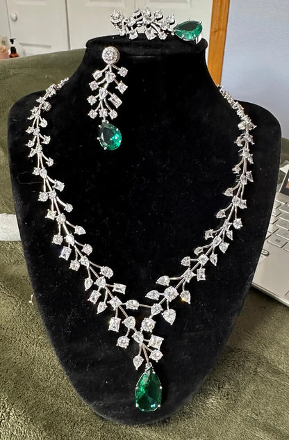 Light Blue Hydrostone & CZ Leaf Design Necklace Set | 24K Rhodium Plated Silver Indian Fashions