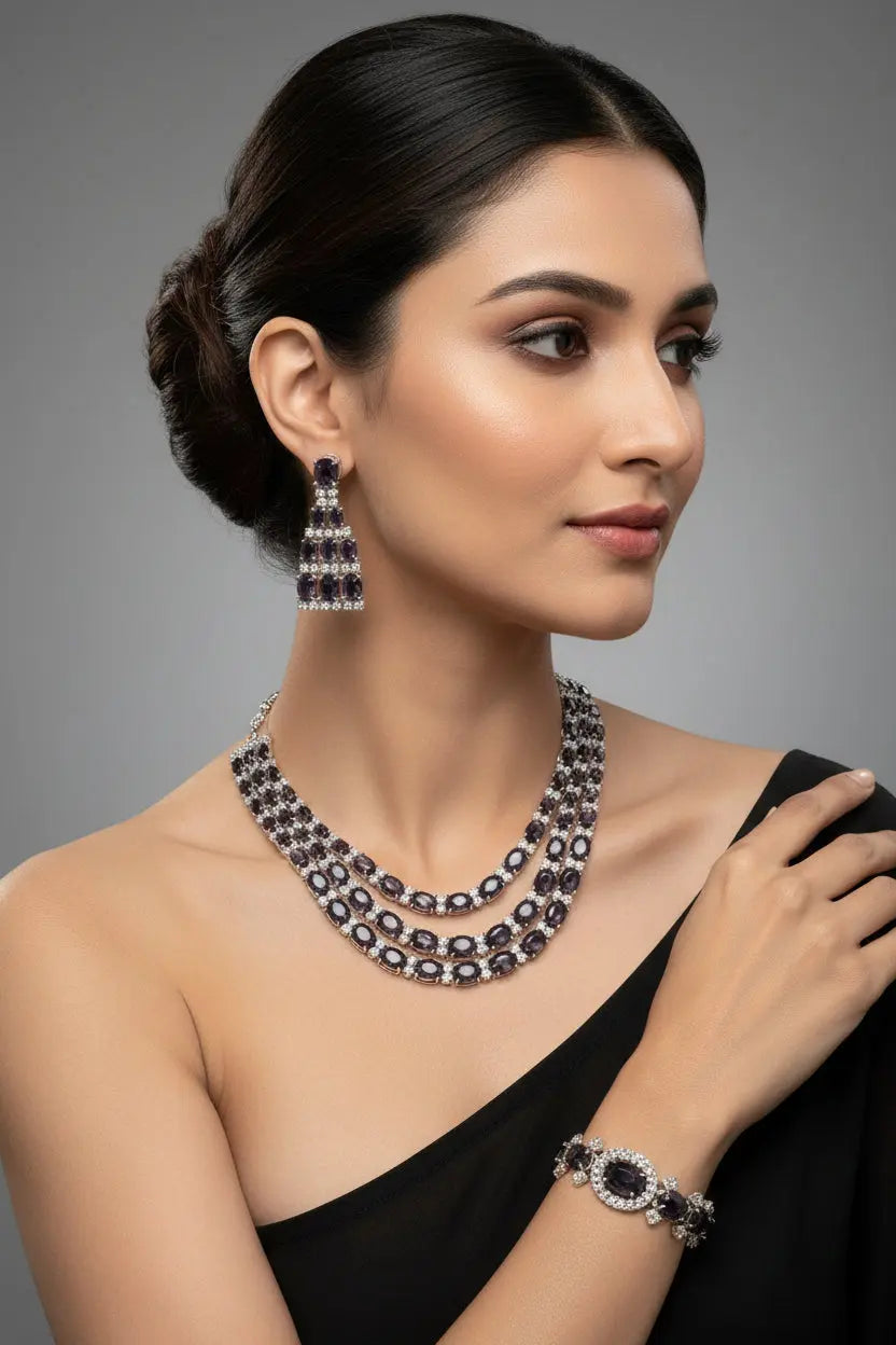 3-Layer Purple & Silver CZ Party Wear Necklace Set with Long Earrings Indian Fashions