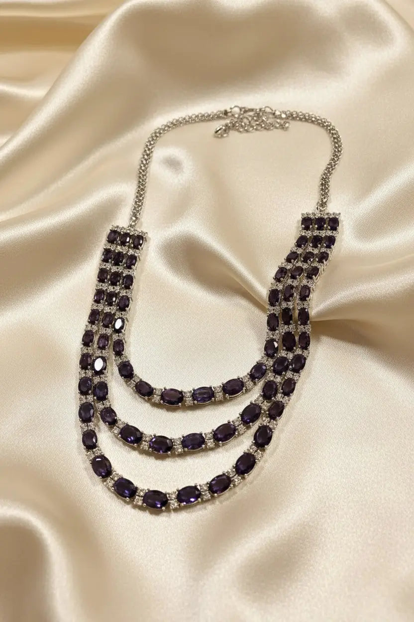 3-Layer Purple & Silver CZ Party Wear Necklace Set with Long Earrings Indian Fashions