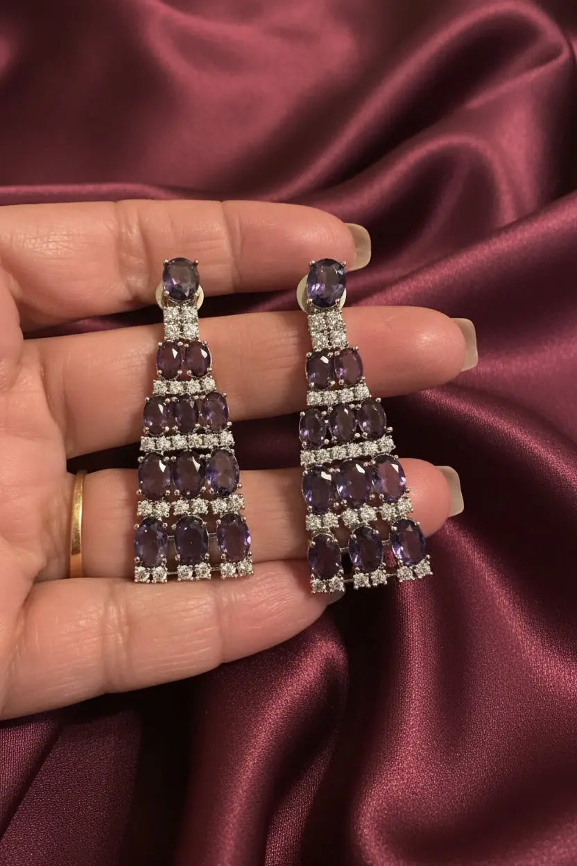 3-Layer Purple & Silver CZ Party Wear Necklace Set with Long Earrings Indian Fashions