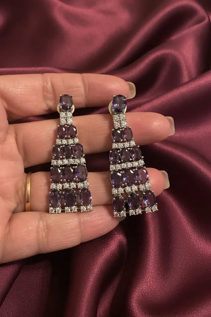 3-Layer Purple & Silver CZ Party Wear Necklace Set with Long Earrings Indian Fashions