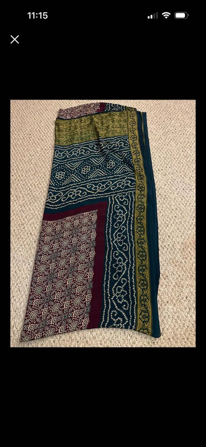 Modal Silk Ajrakh Bandhej Saree - Teal Dipannita Handloom