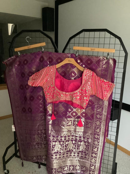 Teal Banarasi Saree with Heavy Embroidered Pink Blouse Ajmera