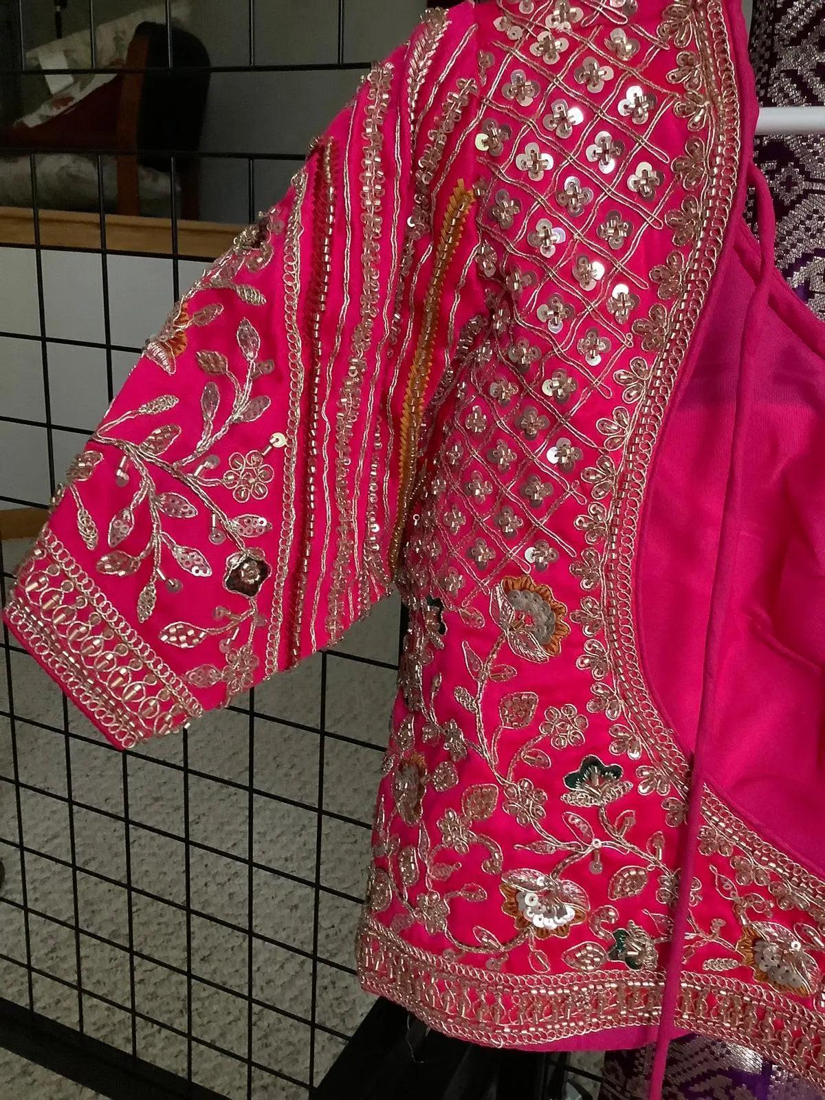 Teal Banarasi Saree with Heavy Embroidered Pink Blouse - Ready to Wear Ajmera