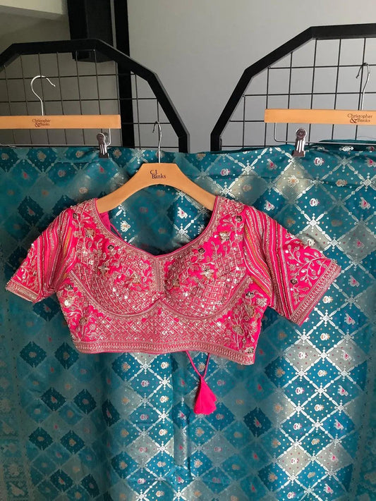 Teal Banarasi Saree with Heavy Embroidered Pink Blouse - Ready to Wear Ajmera