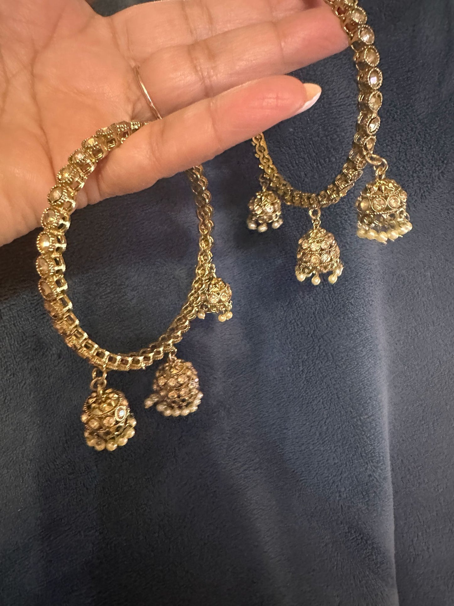 Antique Gold CZ Jhumka Bangle Bracelet Pair - 3 Jhumka Drops with Pearl Accents Deepika's Adornments