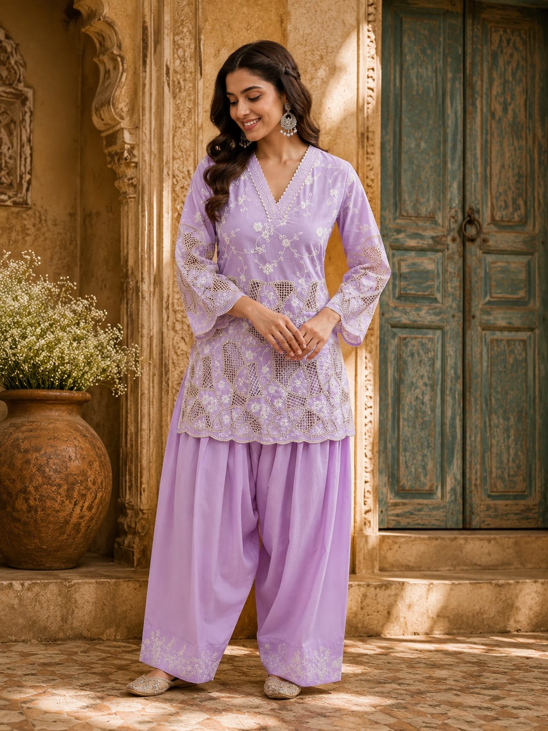 Powder Blue Chikankari Schiffli Coord Set - Kurti and Farshi Salwar (Copy) Raghvi Enterprise