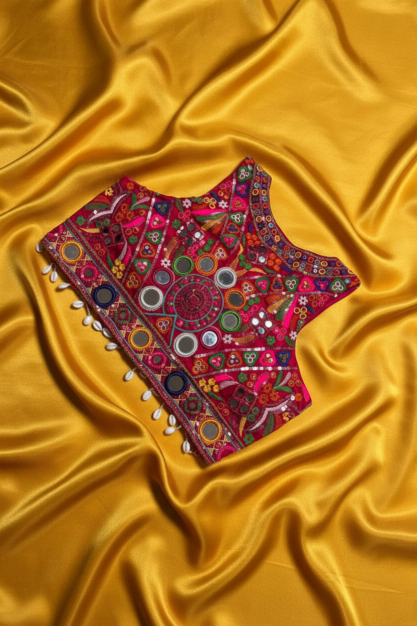 Front view of magenta hot pink Kutchi halter crop blouse with heavy Rabari mirror embroidery, multicolour floral motifs and cowrie shell fringe hem