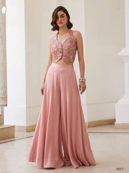 Back view of Rose pink halter waistcoat and palazzo pants showing open upper back