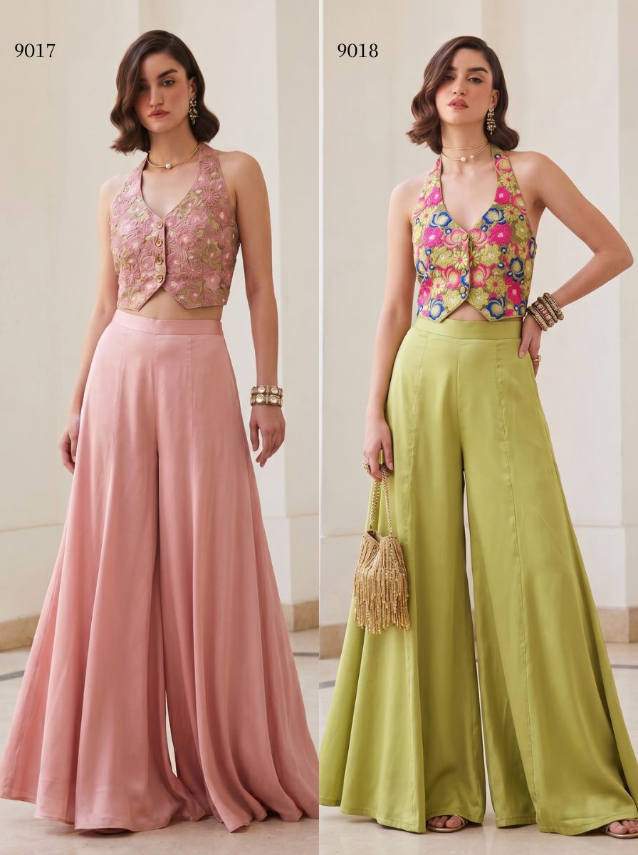Side-by-side view of Rose pink and Green embroidered waistcoat and palazzo sets