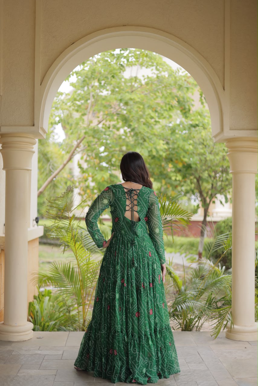 Rani pink, purple and green color views of the embroidered gown