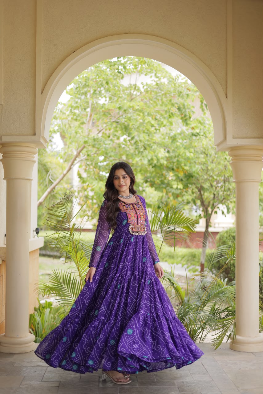 Purple embroidered gown with full-length flared skirt, front view