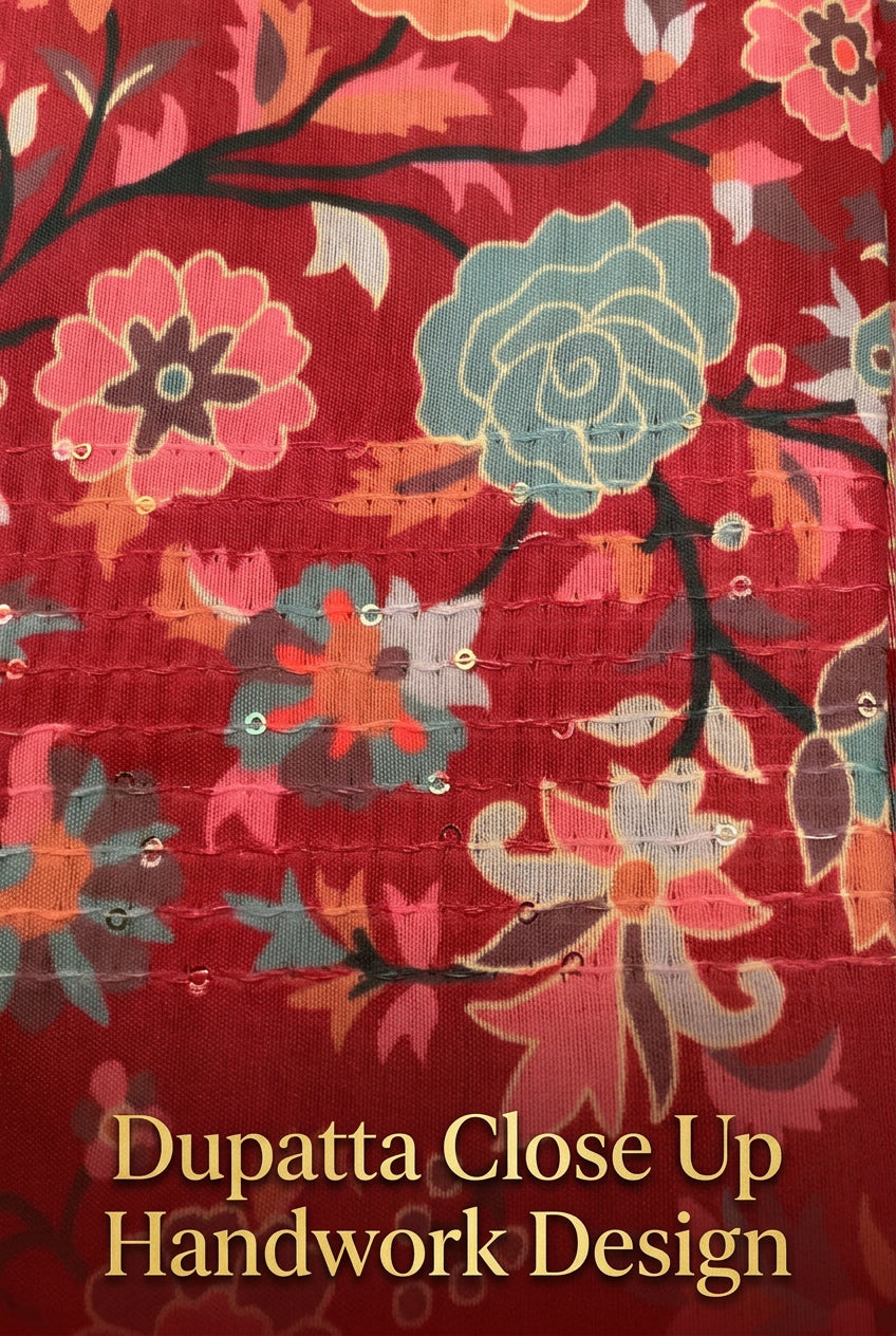 Cranberry-red floral fabric with pink and blue-green flowers and scattered sequins